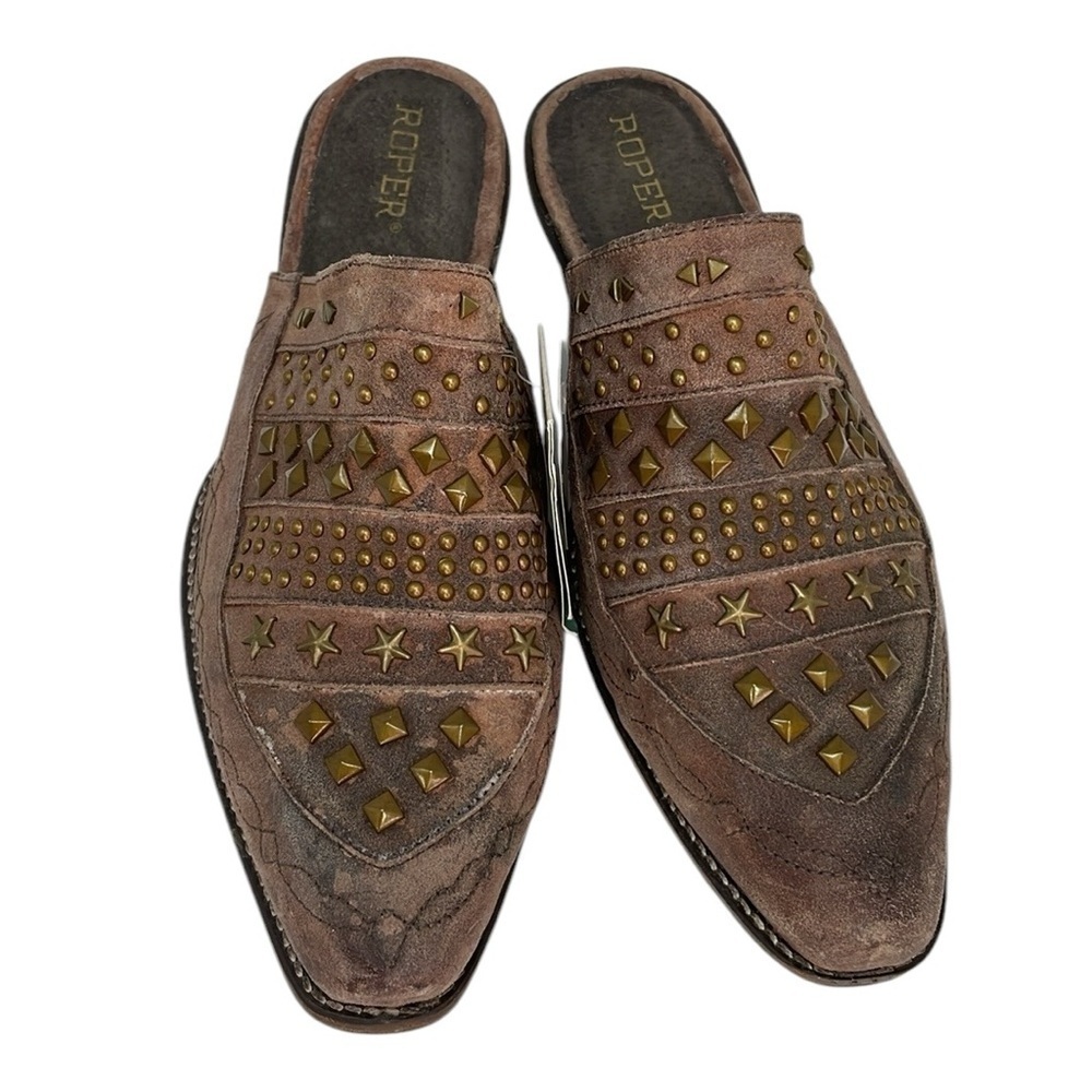 ROPER Shoes Studded Mules Brown Distressed Leather Embroidered NWT Size 9